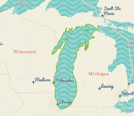 Map of Midwest in Fantasy Drawing and a Green Outline of Lake Michigan's Shoreline
