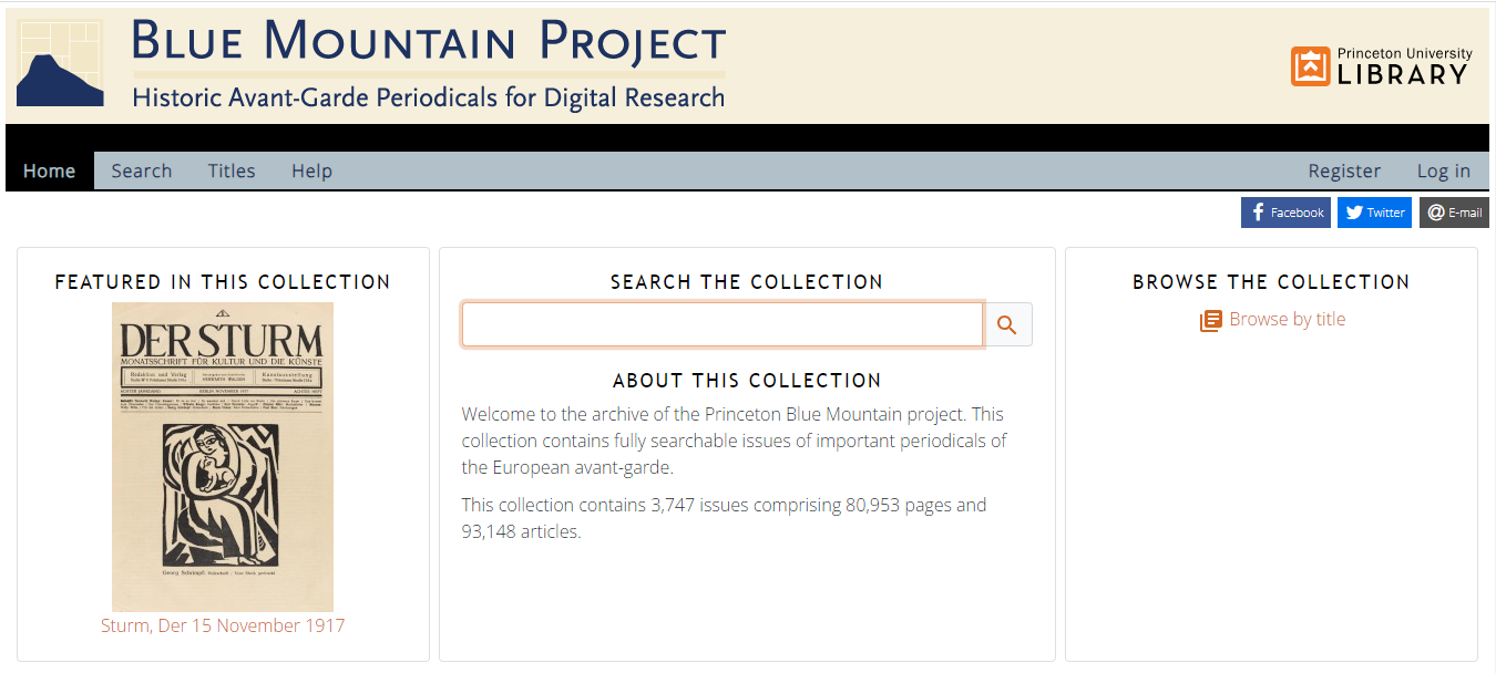 Landing page of Blue Mountain Project shows the Princeton Library Header with a search bar and a featured literary journal cover
