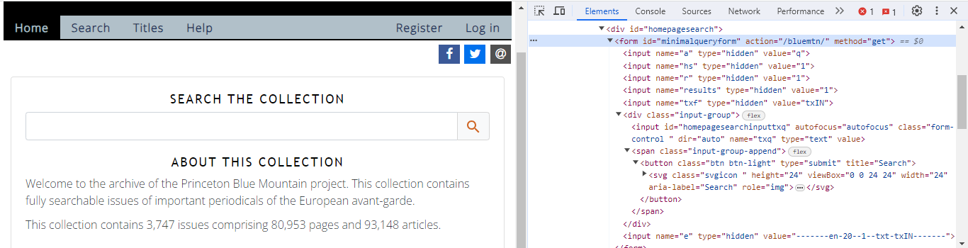 Search bar with developer tools open showing the HTML form and submit button