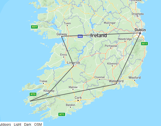 Lines in Ireland connecting Dublin, Galway, Killarney, and Waterford