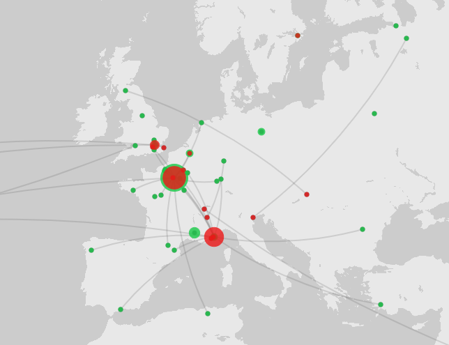 Map of Europe with connections between cities for artists' places of birth and death